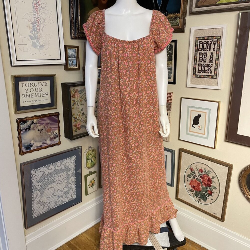 80s Vintage Gilead Pink Yellow Green Floral Maxi Dress with Puff Sleeves Size M